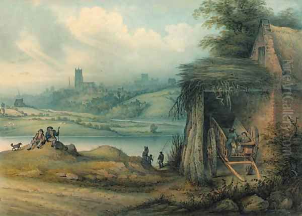 A distant view of Chester across The Meadows Oil Painting by John Pearson