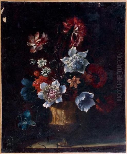 Bouquet De Fleurs Dans Un Vase De Bronze Oil Painting by Mario Nuzzi Mario Dei Fiori