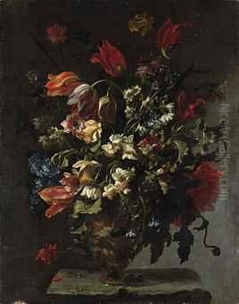 Narcissi, Daffodils, Clematis, 
Tulips, Carnations And Other Flowersin An Ornamental Vase, On A Stone 
Legde Oil Painting by Mario Nuzzi Mario Dei Fiori