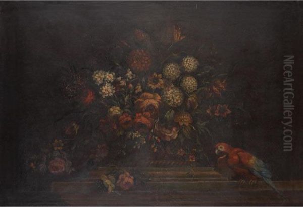 Still Life With Flowers And Aparrot Oil Painting by Mario Nuzzi Mario Dei Fiori