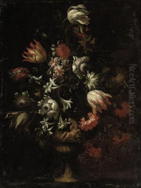 Carnations, Asters, Lilies And Morning Glory In A Sculpted Urn On Atable Oil Painting by Mario Nuzzi Mario Dei Fiori