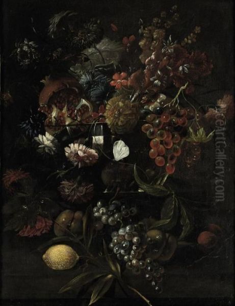 Various Flowers In A Glass Vase With Blue Grapes, Peaches And Alemon, All On A Ledge Oil Painting by Mario Nuzzi Mario Dei Fiori