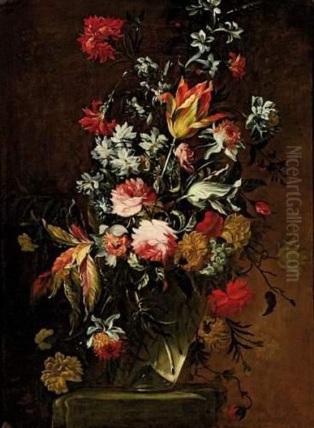 Bouquet De Fleurs Dans Un Vase En Verre. Oil Painting by Mario Nuzzi Mario Dei Fiori