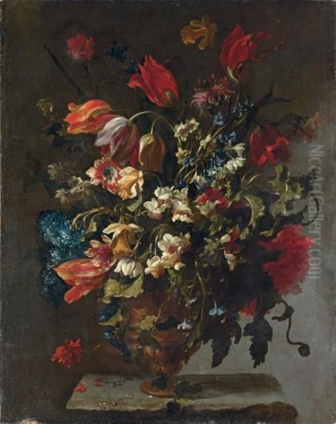 Narcissi, Daffodils, Clematis, 
Tulips, Carnations And Other Flowers In An Ornemental Vase On A Stone 
Legde Oil Painting by Mario Nuzzi Mario Dei Fiori