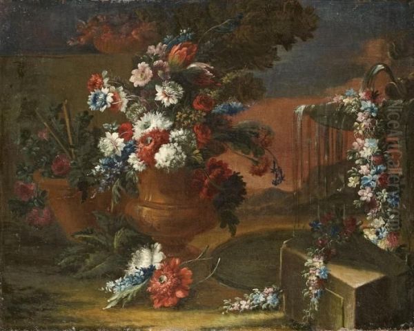 Zwei Blumenstillleben In Landschaft Oil Painting by Mario Nuzzi Mario Dei Fiori