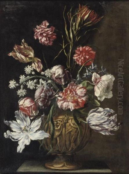 Tulips, Marigolds And Other Flowers In A Sculpted Vase On A Stone Ledge Oil Painting by Mario Nuzzi Mario Dei Fiori