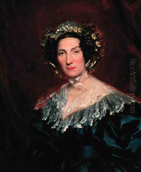 A portrait of a lady, half-length, in a black dress and a lace bonnet Oil Painting by Henry William Pickersgill