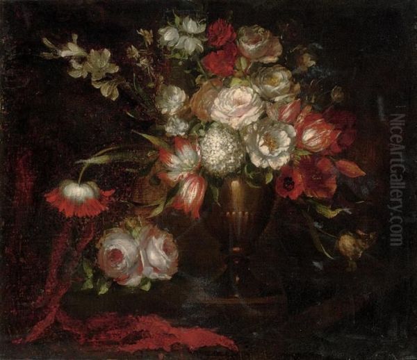 Roses, Tulips, Parrot Tulips, Lilies And Other Flowers In An Urn Oil Painting by Mario Nuzzi Mario Dei Fiori