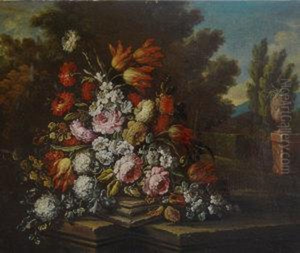 Still-life Of Various Flowers On A Stone Plinth, In A Classical Landscape Oil Painting by Mario Nuzzi Mario Dei Fiori