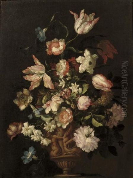 Tulips, Morning Glory, Roses And Other Flowers In A Sculpted Vase Oil Painting by Mario Nuzzi Mario Dei Fiori