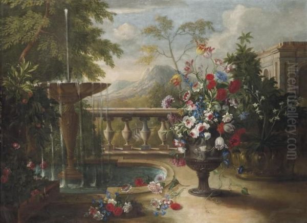 Une Urne De Fleurs Pres D'une Fontaine Dans Un Parc Oil Painting by Mario Nuzzi Mario Dei Fiori