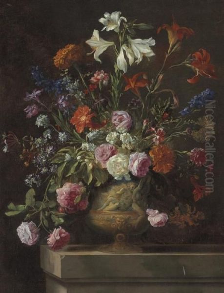 Lilies, Carnations, Roses, And 
Other Flowers In A Gilt Urn With Bas Relief, On A Stone Ledge Oil Painting by Mario Nuzzi Mario Dei Fiori