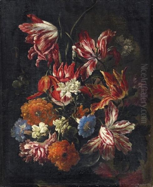 Blumenstillleben Mit Tulpen, Nelken Und Windenbluten Oil Painting by Mario Nuzzi Mario Dei Fiori