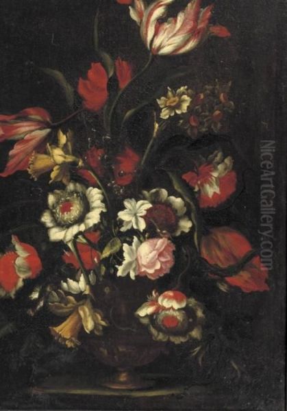 Tulips, Roses, Narcissi And Other Flowers In A Vase On A Ledge Oil Painting by Mario Nuzzi Mario Dei Fiori