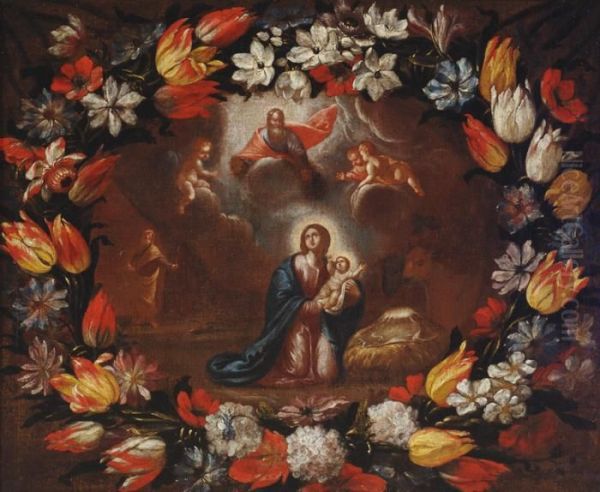 Holy Mary With A Floral Wreath Oil Painting by Mario Nuzzi Mario Dei Fiori