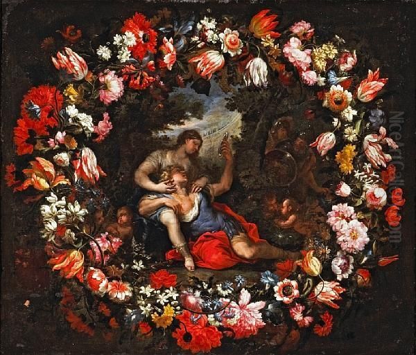 Rinaldo In The Arms Of Armida Within A Garland Of Parrot Tulips Oil Painting by Mario Nuzzi Mario Dei Fiori