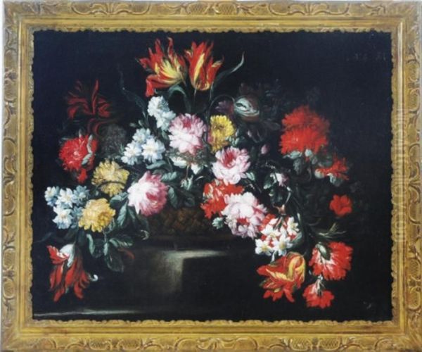 Still Life With Poppies, Peonies And Tulips In A Basket Oil Painting by Mario Nuzzi Mario Dei Fiori