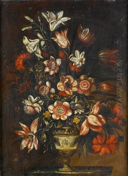 Narcissi, Lilies, Tulips And Other Flowers Ina Classical Urn On A Plinth Oil Painting by Mario Nuzzi Mario Dei Fiori