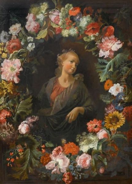 Floral Wreath Around A Picture Of The Madonna. Oil Painting by Mario Nuzzi Mario Dei Fiori