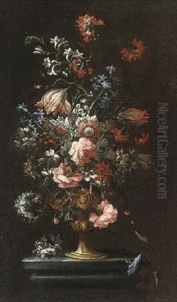 Roses, Carnations, Parrot 
Tulips, Chrysanthemums, Narcissi, Clematis And Other Flowers, In A 
Sculpted Urn On A Stone Plinth Oil Painting by Mario Nuzzi Mario Dei Fiori