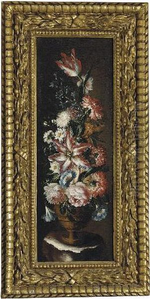 Tulips, Chrysanthemums, Morning Glory And Other Flowers In A Classical Urn On A Ledge Oil Painting by Mario Nuzzi Mario Dei Fiori