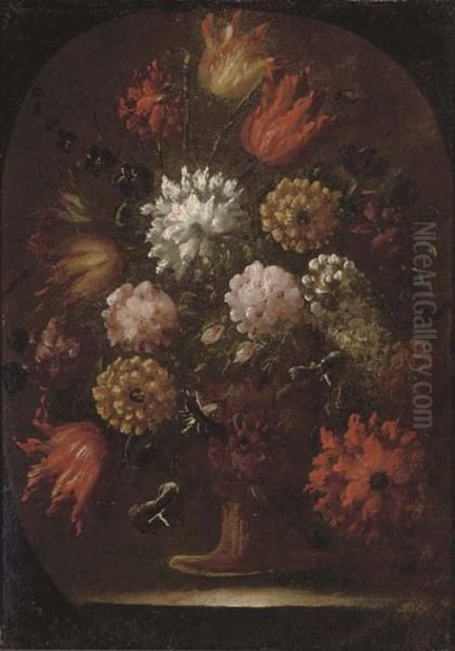 Chrysanthemums, Tulips And Other Flowers In An Urn, In A Feigned Oval Oil Painting by Mario Nuzzi Mario Dei Fiori