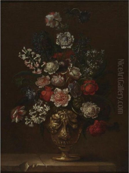 Still Life Of Flowers In An Urn On A Marble Ledge Oil Painting by Mario Nuzzi Mario Dei Fiori