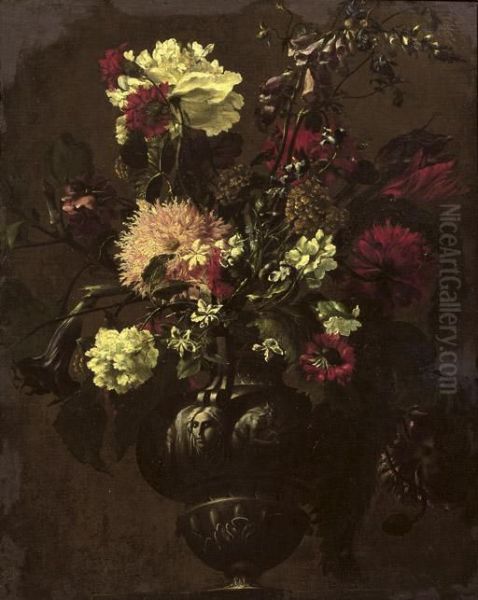 Tulips, Carnations And Other Flowers In A Sculpted Vase Oil Painting by Mario Nuzzi Mario Dei Fiori