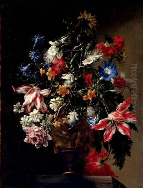 Tulips, Roses, Daffodils, A 
Carnation, A Poppy, Anemone, Jasmine, Morning Glory And Other Flowers In
 A Sculpted Urn, On A Stone Ledge Oil Painting by Mario Nuzzi Mario Dei Fiori