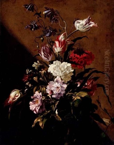 Roses, Tulips, Columbine, A Carnation, Morning Glory And Other Flowers In A Glass Vase by Mario Nuzzi Mario Dei Fiori