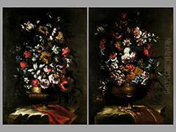 Stillleben Mit Blumen In Vase Auf Draperie Oil Painting by Mario Nuzzi Mario Dei Fiori