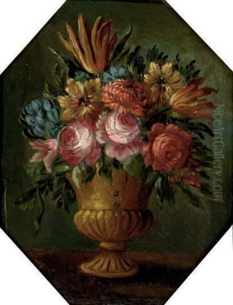 Parrot Tulips, Roses, Chrysanthemums And Other Mixed Flowers In An Urn Oil Painting by Mario Nuzzi Mario Dei Fiori