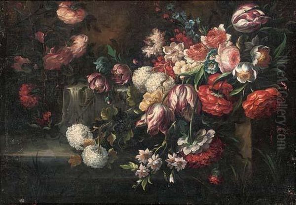 Roses, Parrot Tulips, Morning Glory And Other Flowers On A Ledge Oil Painting by Mario Nuzzi Mario Dei Fiori