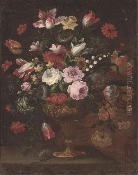 Parrot Tulips And Other Flowers In An Urn On A Ledge Oil Painting by Mario Nuzzi Mario Dei Fiori