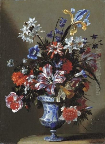 Lilies, Peonies, Narcissi, 
Morning Glory And Other Flowers In A Blue And White Vase On A Stone 
Ledge Oil Painting by Mario Nuzzi Mario Dei Fiori