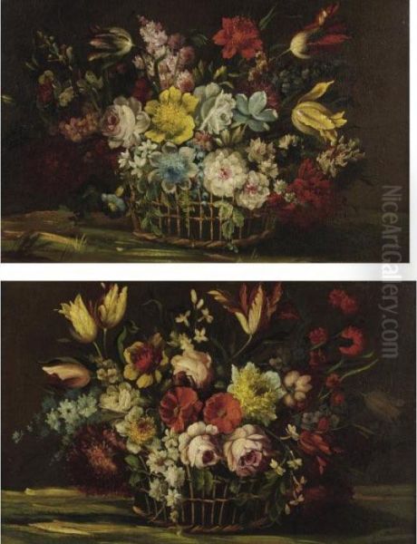 Still Life With Flowers: A Pair Of Paintings Oil Painting by Mario Nuzzi Mario Dei Fiori