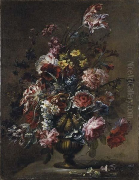 Rose, Tulipani, Campanule E Altri Fiori In Un Vaso Di Metallo Su Unpiano Oil Painting by Mario Nuzzi Mario Dei Fiori