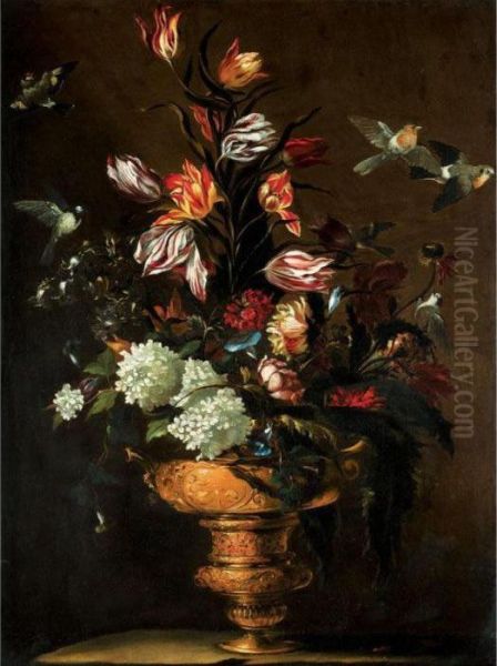 Still Life With Tulips, Morning 
Glory, Roses, And Various Other Flowers In A Bronze Urn Together With A 
Bluetit, A Bullfinch, Robins And Other Birds Oil Painting by Mario Nuzzi Mario Dei Fiori