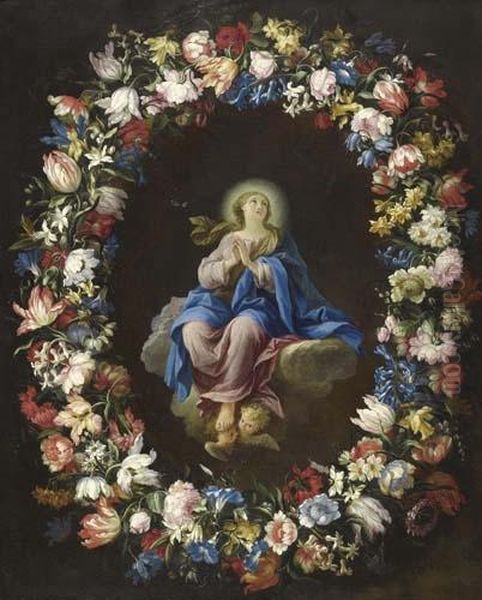 Madonna At Prayer With Floral Garland Oil Painting by Mario Nuzzi Mario Dei Fiori