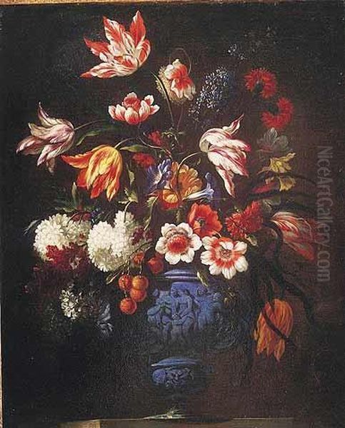 Par De Bodegones De Flores En Vasos Esculpidos Sobre Repisas De Piedra.. Oil Painting by Mario Nuzzi Mario Dei Fiori