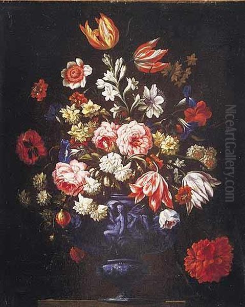 Par De Bodegones De Flores En Vasos Esculpidos Sobre Repisas De Piedra Oil Painting by Mario Nuzzi Mario Dei Fiori