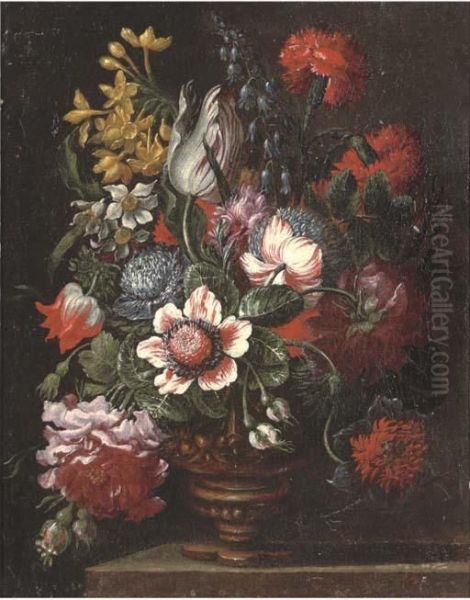 Parrot Tulips, Carnations, Narcissi, Roses And Other Flowers In An Urn On A Stone Ledge Oil Painting by Mario Nuzzi Mario Dei Fiori