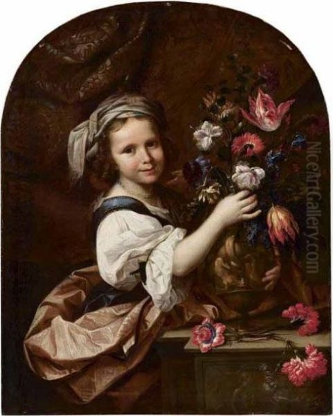 Ritratto Di Fanciulla Con Un Vaso Di Fiori Oil Painting by Mario Nuzzi Mario Dei Fiori