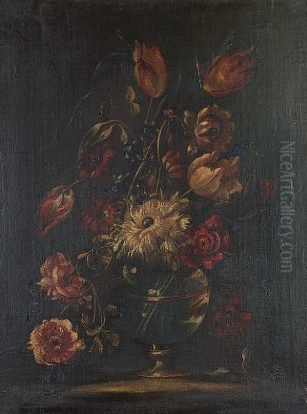 Tulips, Chrysanthemums, Convolvulus And Other Flowers In A Glass Vase On A Ledge Oil Painting by Mario Nuzzi Mario Dei Fiori