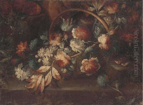 A Basket Of Flowers On A Ledge In A Clearing Oil Painting by Mario Nuzzi Mario Dei Fiori