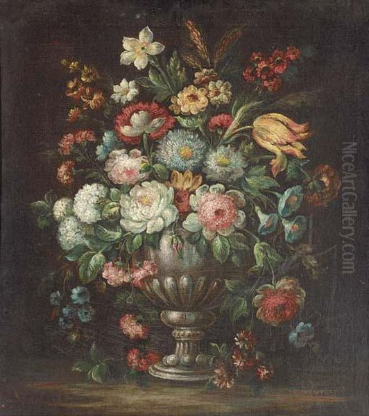 Roses, Carnations, Morning Glory, A Tulip And Other Flowers In Avase On A Ledge Oil Painting by Mario Nuzzi Mario Dei Fiori