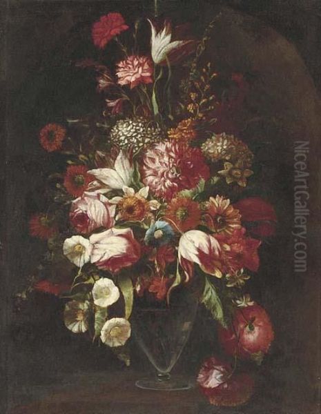 Parrot Tulips, Roses, Narcissi, 
Hydrangeas, Convolvulus And Otherflowers In A Glass Vase In A Niche Oil Painting by Mario Nuzzi Mario Dei Fiori