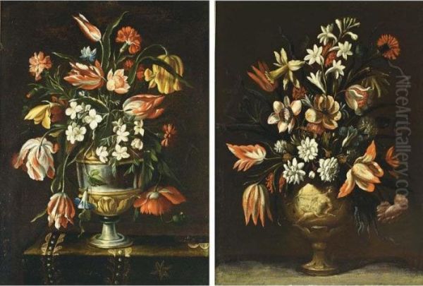 A Still Life With Tulips, 
Jasmin, Carnations, Auricula And Other Flowers In A Silver Gilt Vase On A
 Draped Table Oil Painting by Mario Nuzzi Mario Dei Fiori