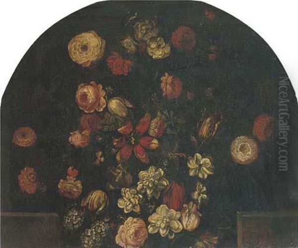 Roses, Tulips And Other Flowers In An Urn On A Ledge Oil Painting by Mario Nuzzi Mario Dei Fiori