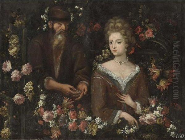 An Allegory Of Unequal Love Surrounded By Various Flowers Oil Painting by Mario Nuzzi Mario Dei Fiori